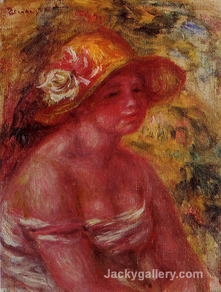 Bust of a Young Girl Wearing a Straw Hat by Pierre Auguste Renoir paintings reproduction